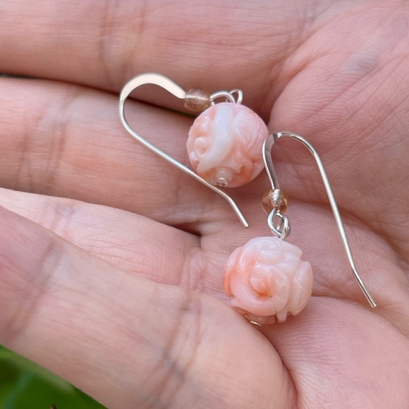 Hand carved undyed angel skin coral solid sterling silver drop hoop earrings - Picture 3 of 7